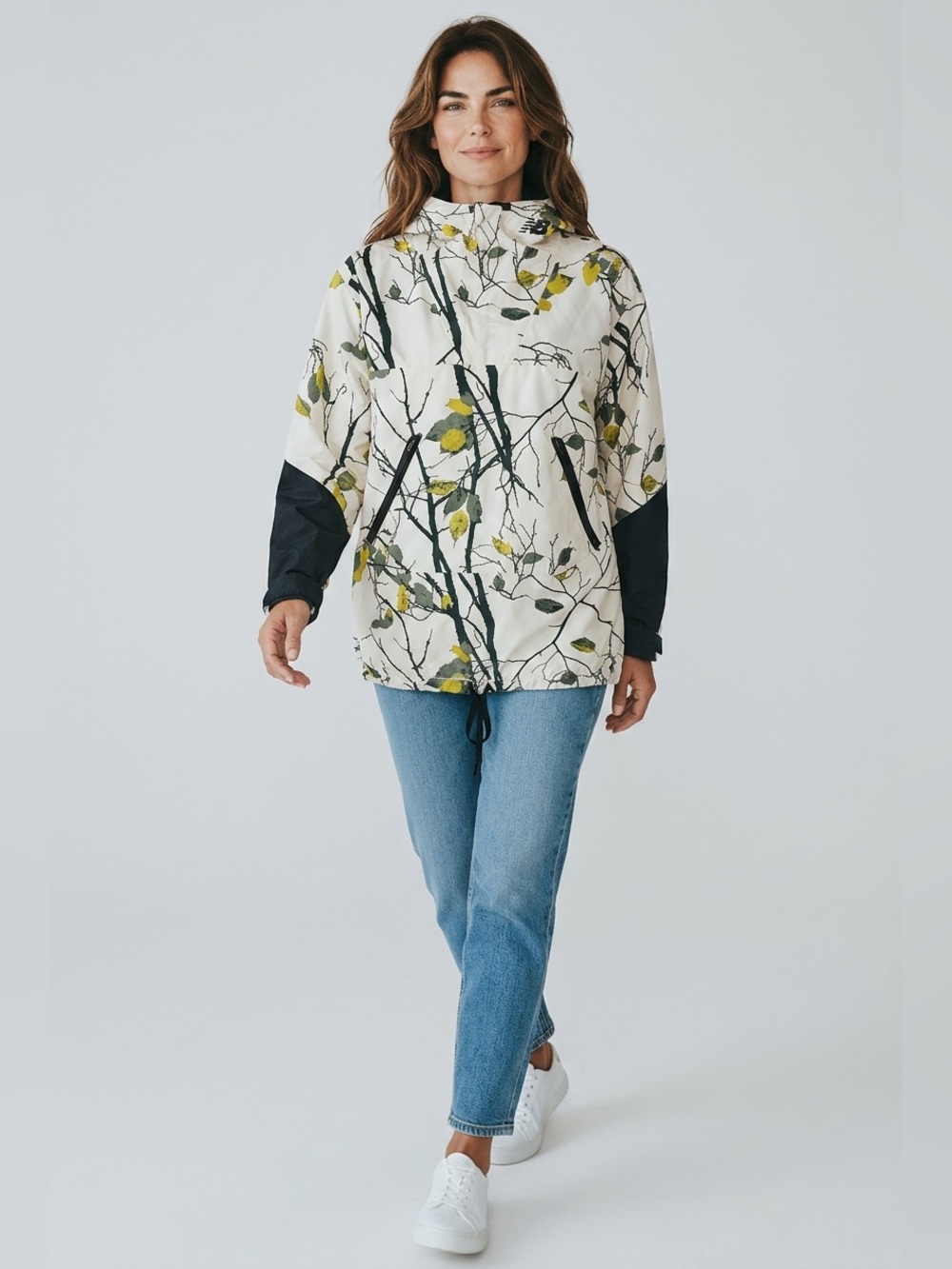 New Balance Cream Floral-Print Wind Breaker Jacket with Black Sleeve Panels - Picture 1 of 8